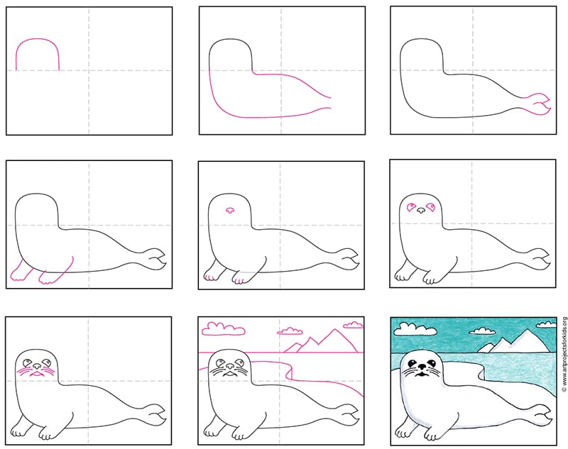 A step by step tutorial for how to draw an easy Seal, also available as a free download.