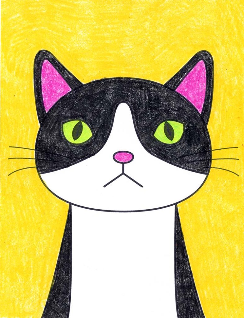 A drawing of a cat, made with the help of an easy step by step tutorial.
