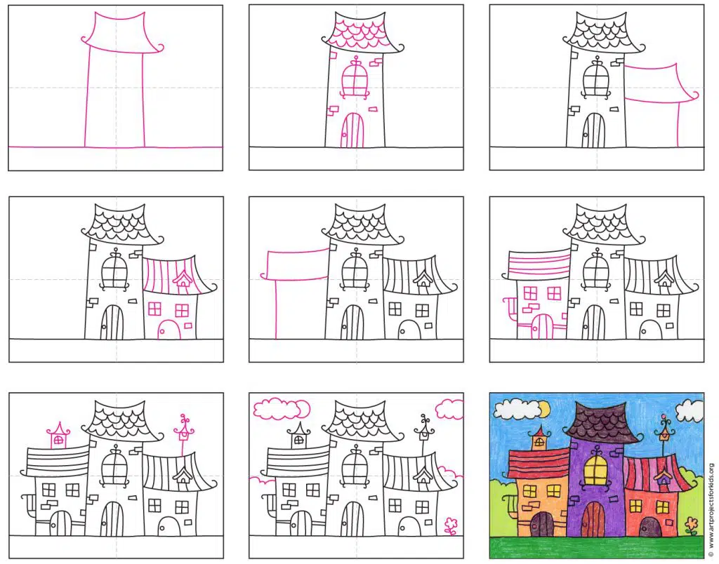 A step by step tutorial for how to draw an easy Fairy House, also available as a free download.