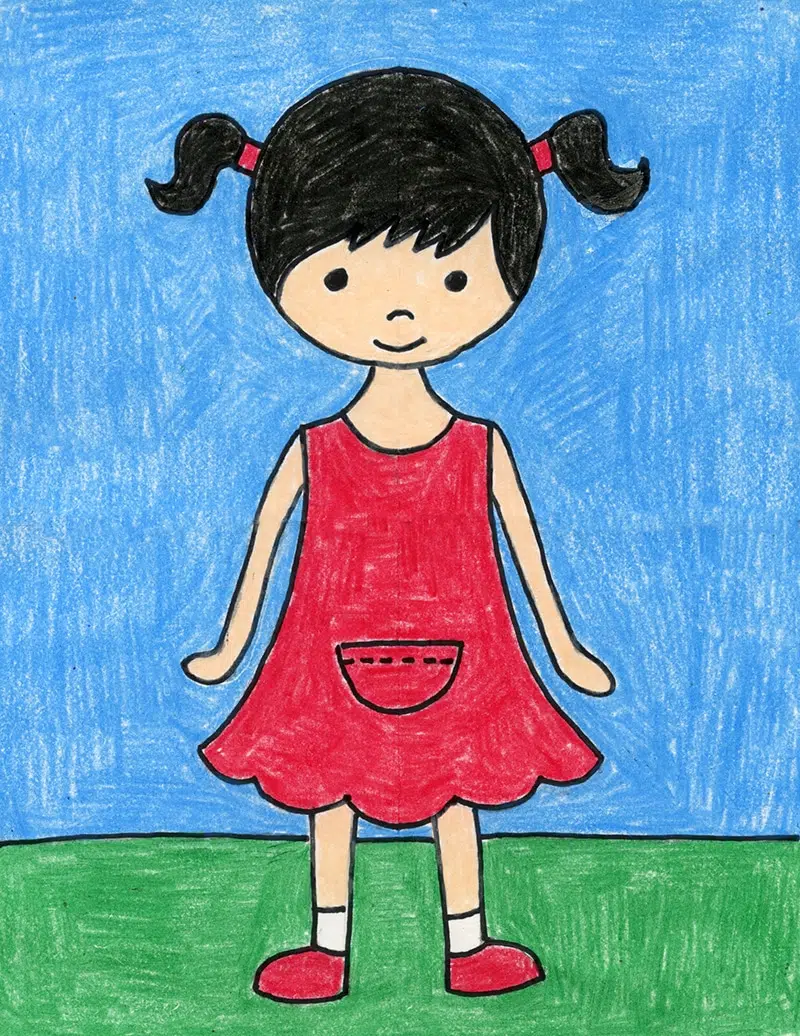 Easy How to Draw a Girl Tutorial Video and Little Girl Coloring Page