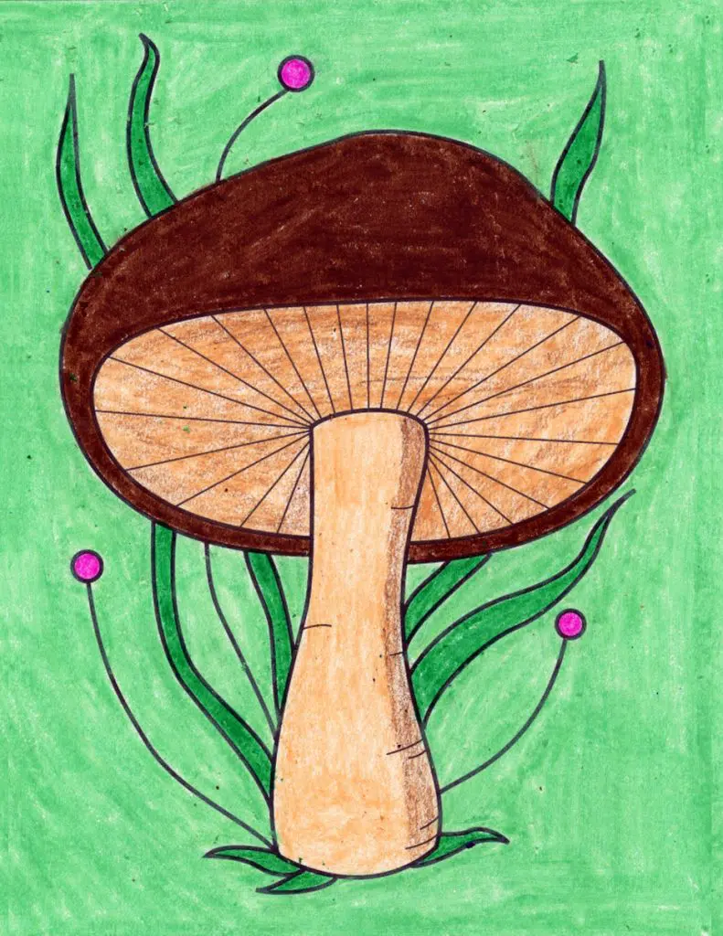 A drawing of a mushroom, made with the help of an easy step by step tutorial.