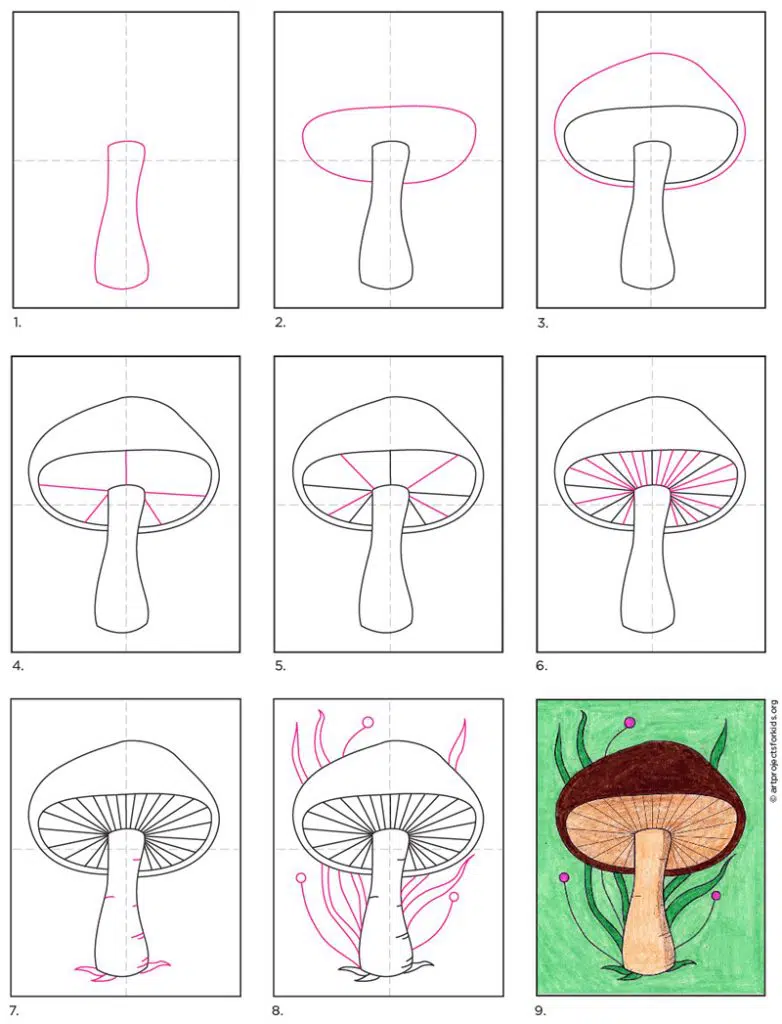 A step by step tutorial for how to draw an easy mushroom, also available as a free download.