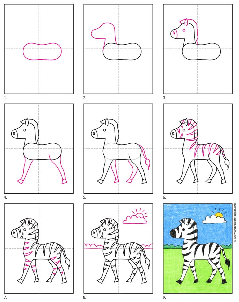 A step by step tutorial for how to draw an easy Zebra, also available as a free download.