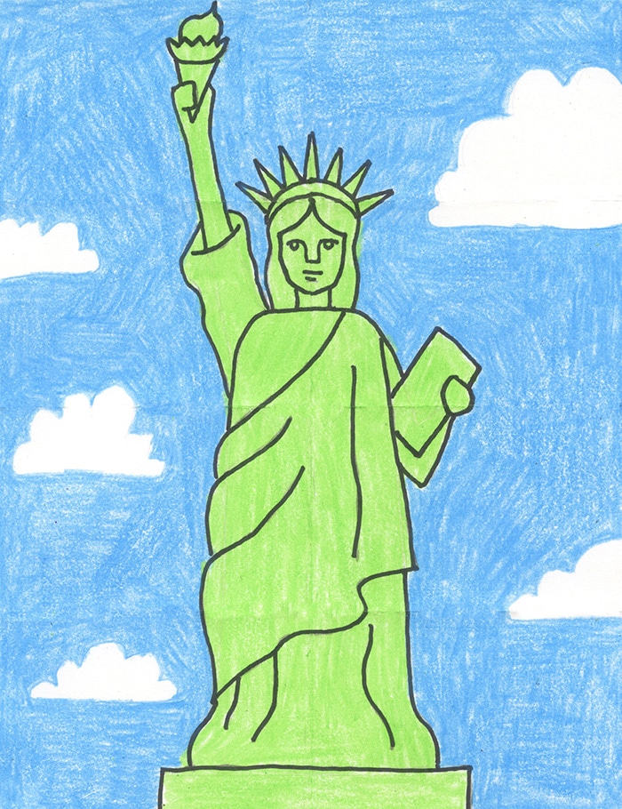 A drawing of the Statue of Liberty made using a simple step by step tutorial. 