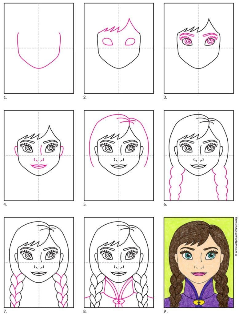A step by step tutorial for how to draw an easy Anna from Frozen, also available as a free download.