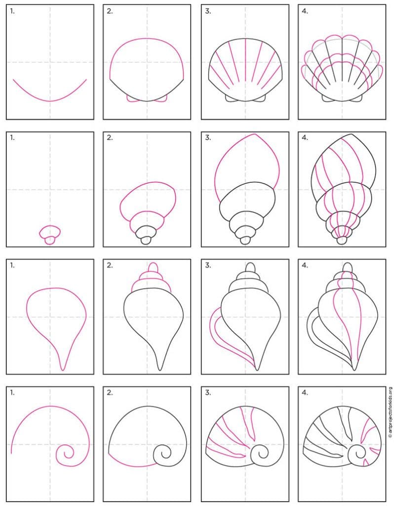 A step by step tutorial for how to draw an easy Sea Shell, also available as a free download.