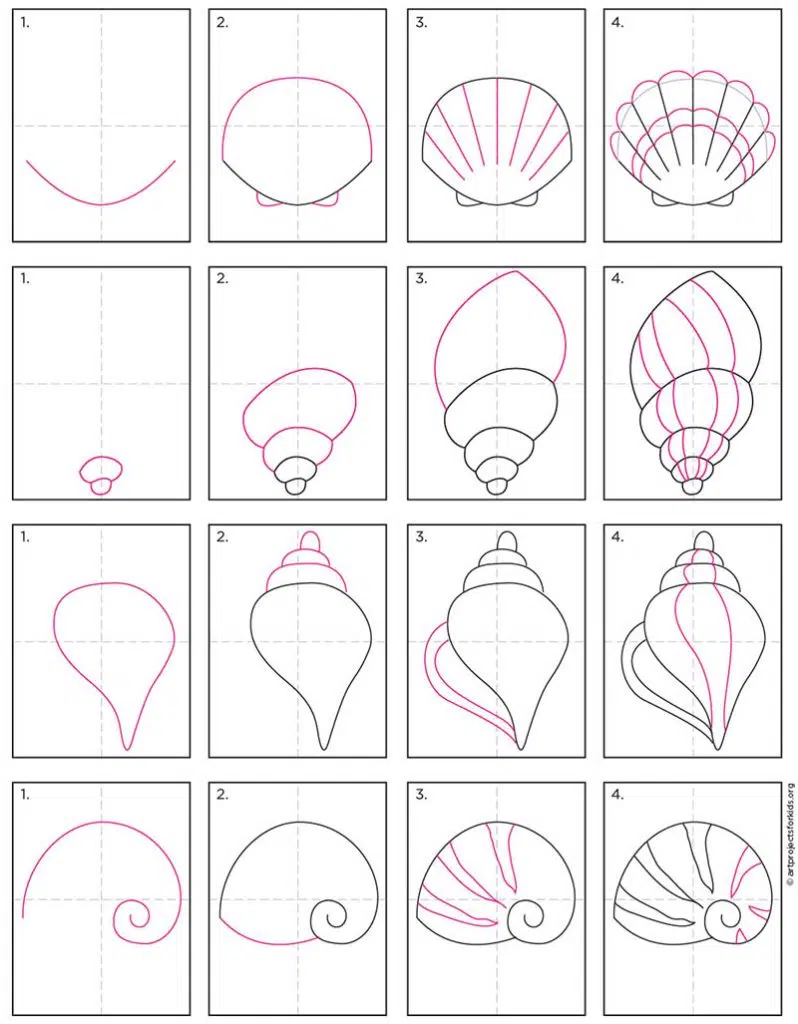 Пошаговое руководство о том, как легко нарисовать морскую ракушку, также доступно для бесплатной загрузки.