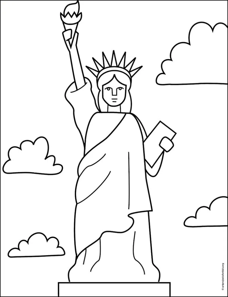 Страница раскраски Статуя Свободы, доступная для бесплатного скачивания.