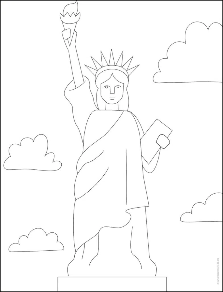 Страница раскраски Статуя Свободы, доступная для бесплатного скачивания.