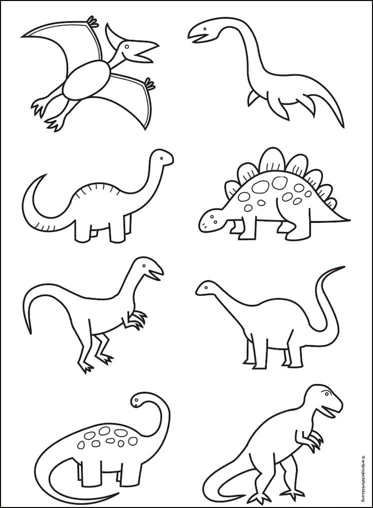 Easy How to Draw Simple Dinosaurs Tutorial and Dinosaur Coloring Page