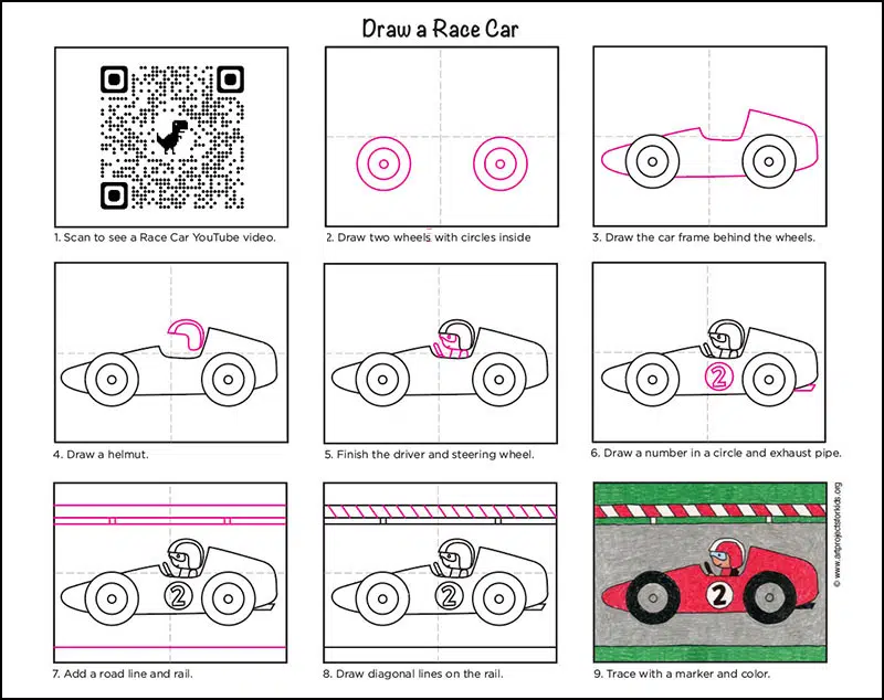 A step by step tutorial for how to draw an easy race car, also available as a free download.