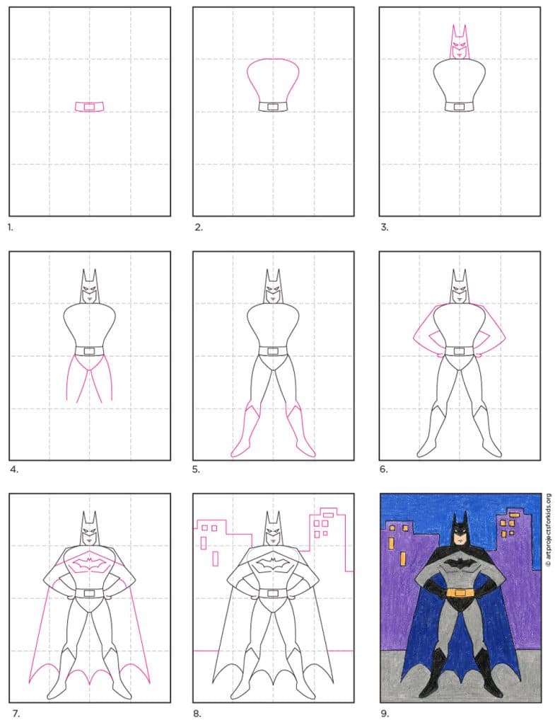 A step by step tutorial for how to draw an easy Batman, also available as a free download.
