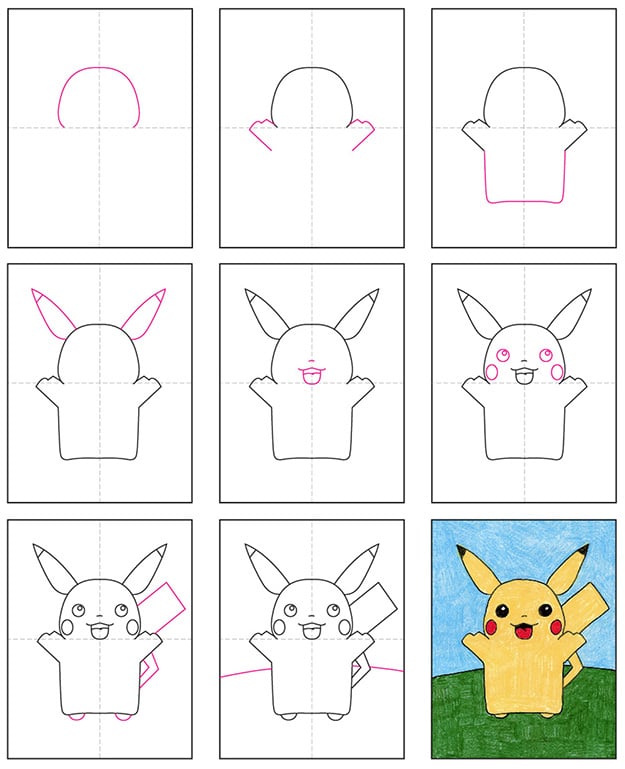A drawing of Pikachu, made with the help of an easy step by step tutorial.