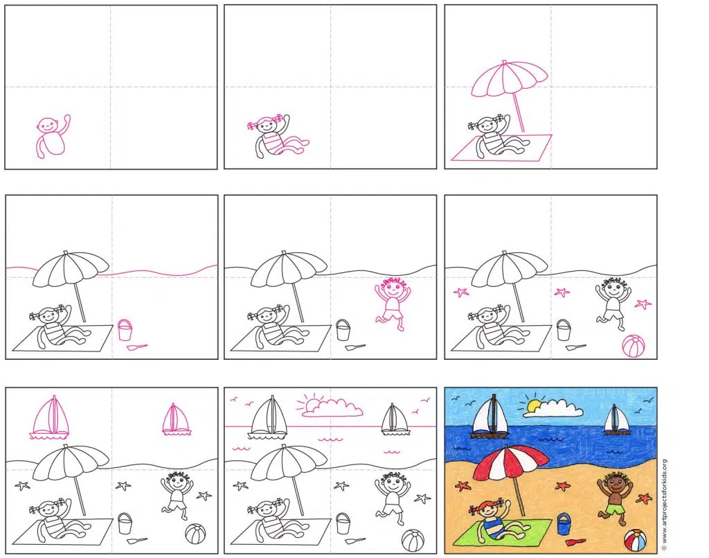 Как легко нарисовать пляж, видео-учебник и страница-раскраска «Пляж»
