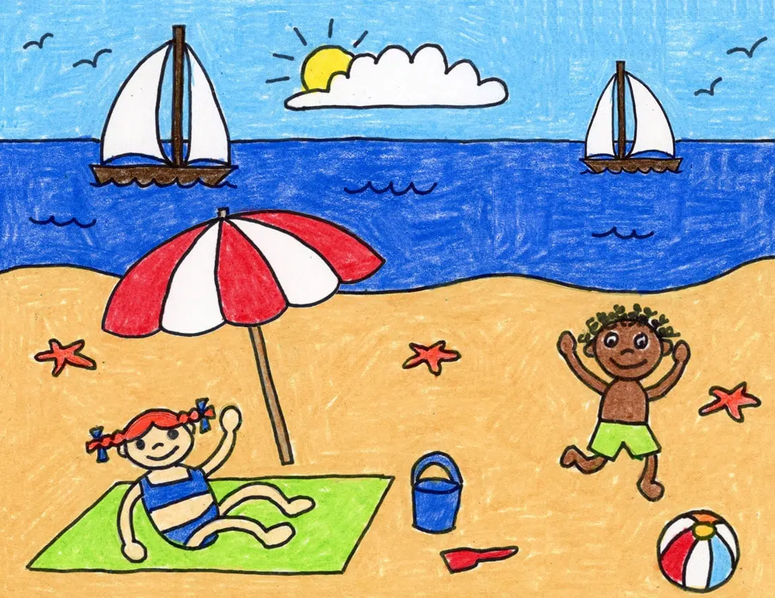 Easy How to Draw a Beach Tutorial Video & Beach Coloring Page