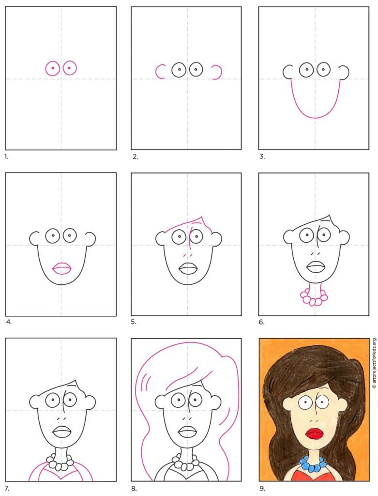 A step by step tutorial for how to draw an easy cartoon face, also available as a free download.