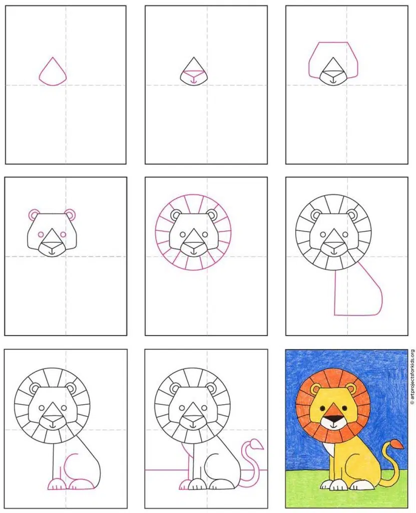 A step by step tutorial for how to draw an easy Lion for Kids, also available as a free download.
