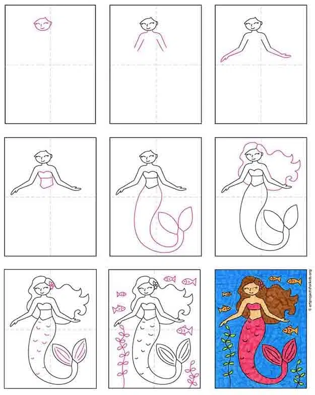 A step by step tutorial for how to draw an easy Mermaid, also available as a free download.