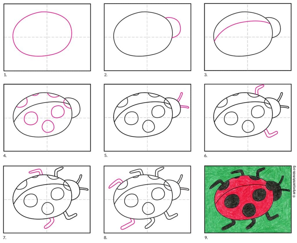 A step by step tutorial for how to draw an easy ladybug, also available as a free download.