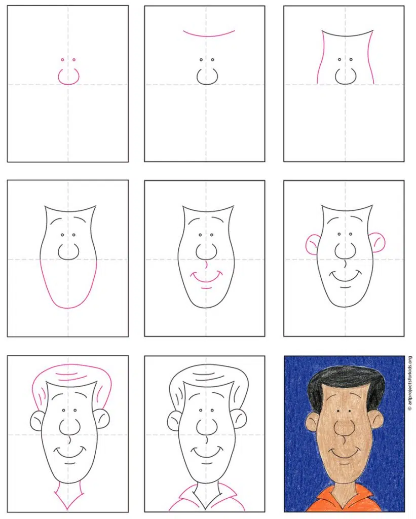 A step by step tutorial for how to draw an easy cartoon face, also available as a free download.