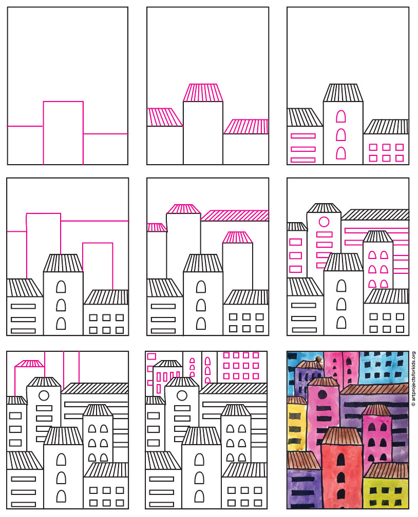 A step by step tutorial for how to draw easy overlapping buildings, also available as a free download.