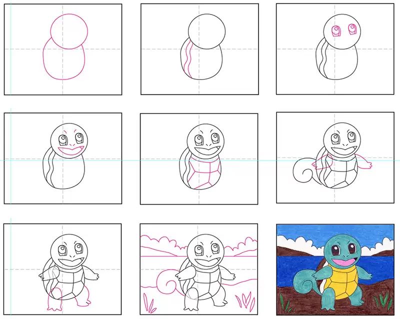 A step by step tutorial for how to draw an easy Squirtle, also available as a free download.