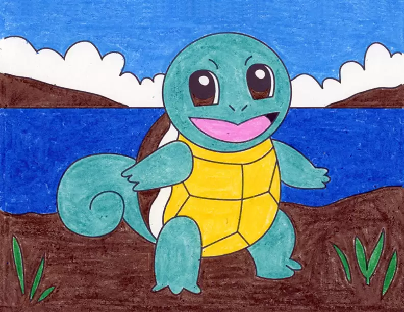 A drawing of a Squirtle, made with the help of an easy step by step tutorial.