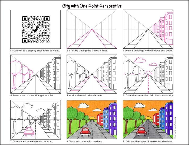 A step by step tutorial for how to draw an easy City with One Point Perspective, also available as a free download.