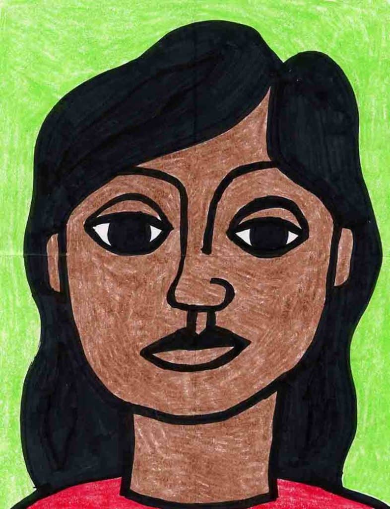 A drawing of creative self portrait project for kids, made with the help of an easy step by step tutorial.