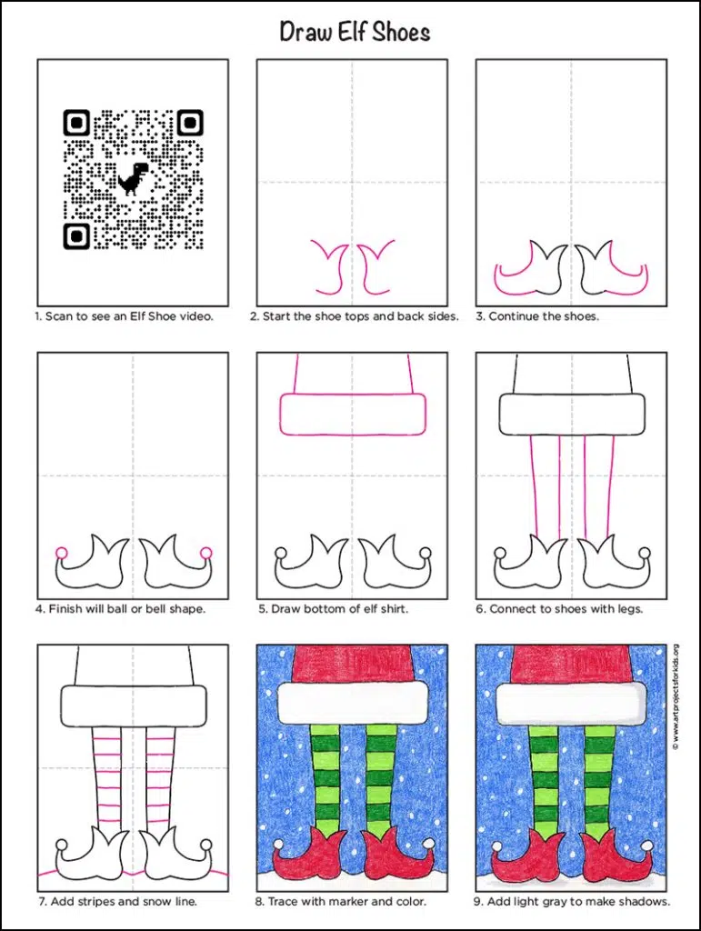 A step by step tutorial for how to draw easy elf shoes, also available as a free download.