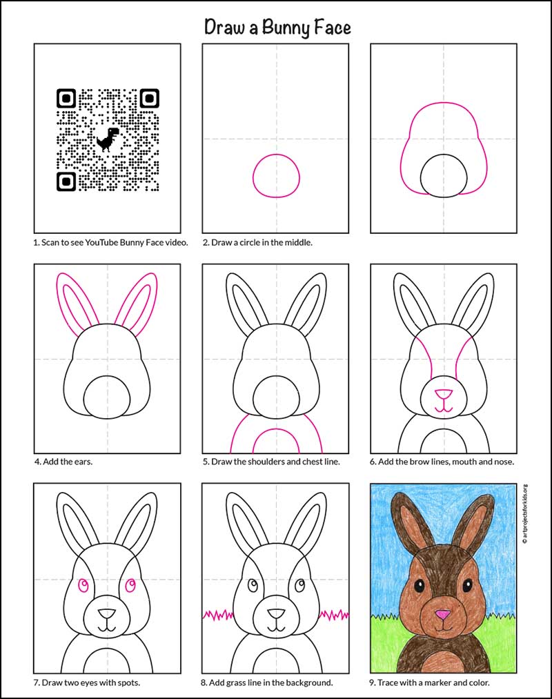 A step by step tutorial for how to draw an easy Bunny Face, also available as a free download.
