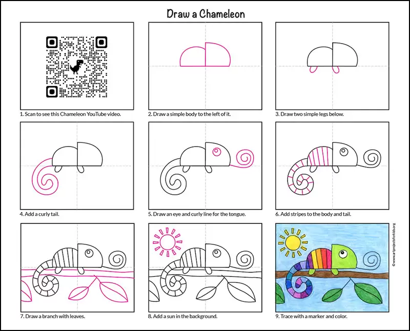 Easy How to Draw a Chameleon Tutorial Video and Coloring Page