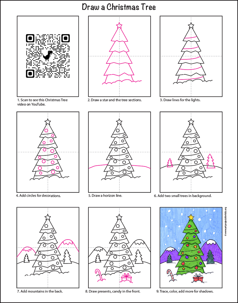 Easy How to Draw a Christmas Tree Tutorial Video, Coloring Page