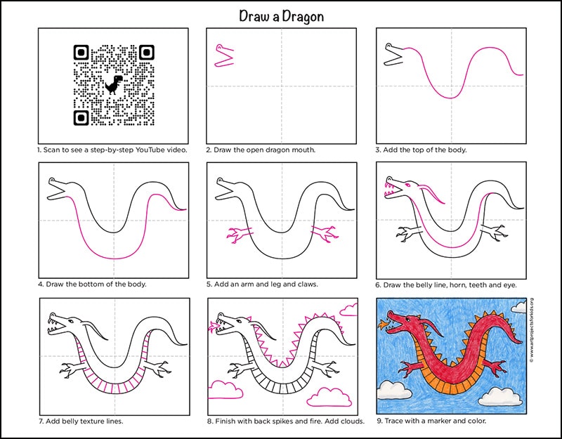 A preview of a step by step dragon tutorial, available as a PDF tutorial.