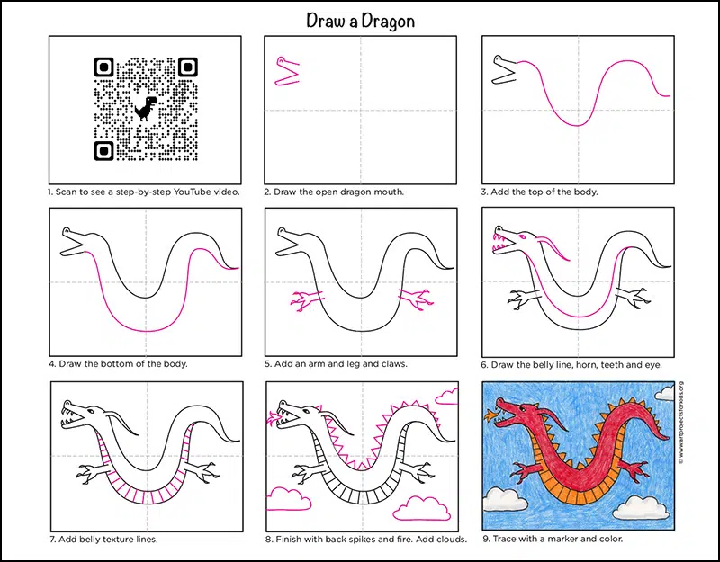 Easy How to Draw a Dragon Tutorial Video, Dragon Coloring Pages