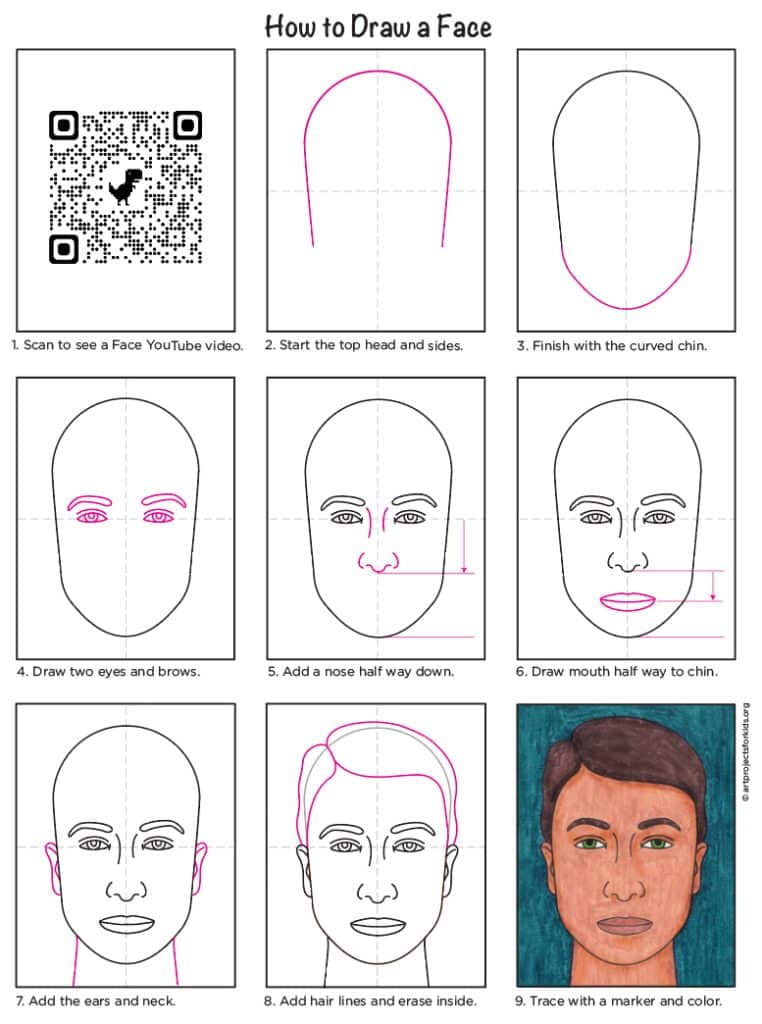 Preview of a step by step tutorial for how to draw a face, available as a free PDF.