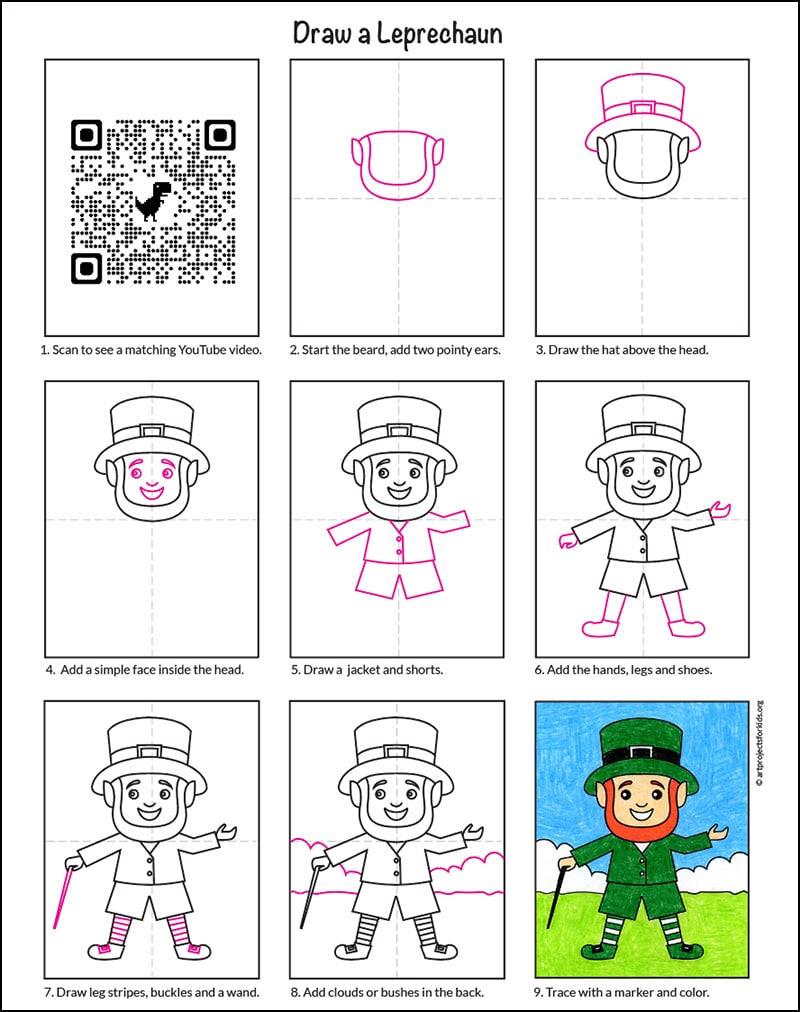A step by step tutorial for how to draw an easy Leprechaun, also available as a free download.