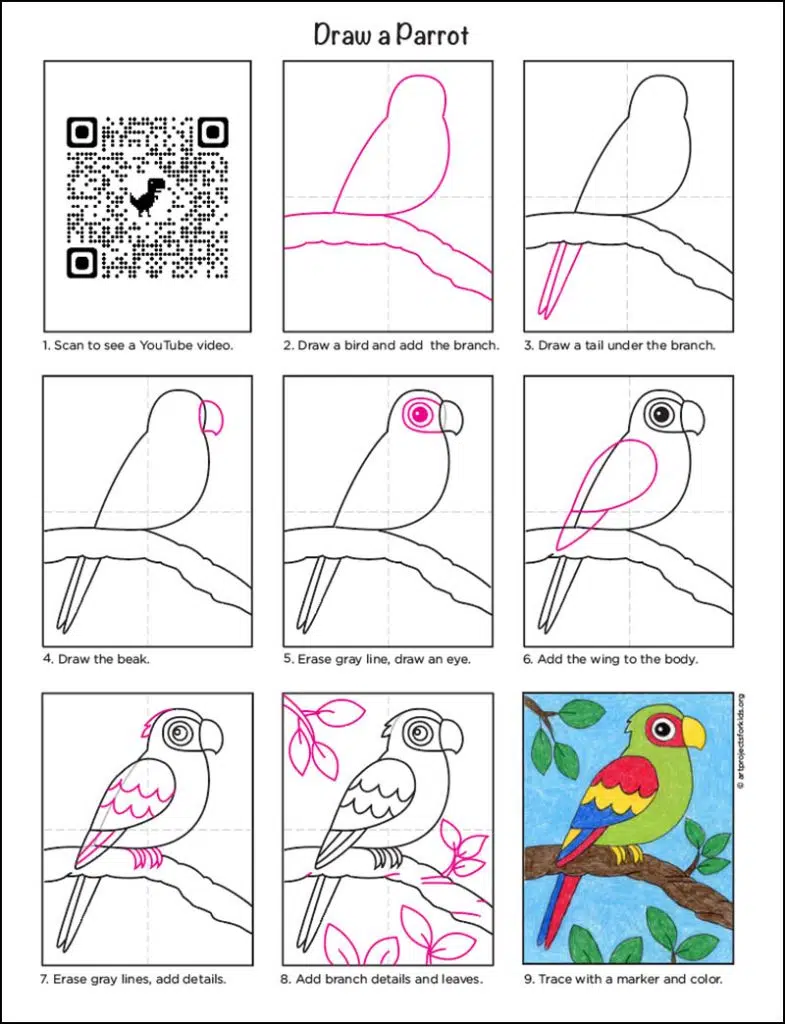 Пошаговое руководство по рисованию простого попугая, также доступное для бесплатной загрузки.