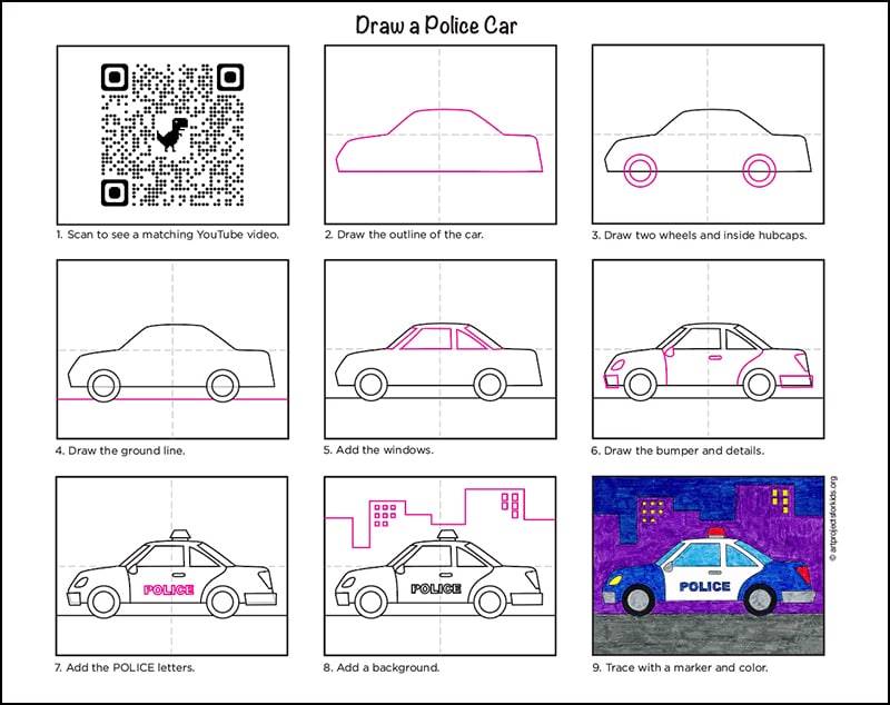 A step by step tutorial for how to draw an easy Police Car, also available as a free download.