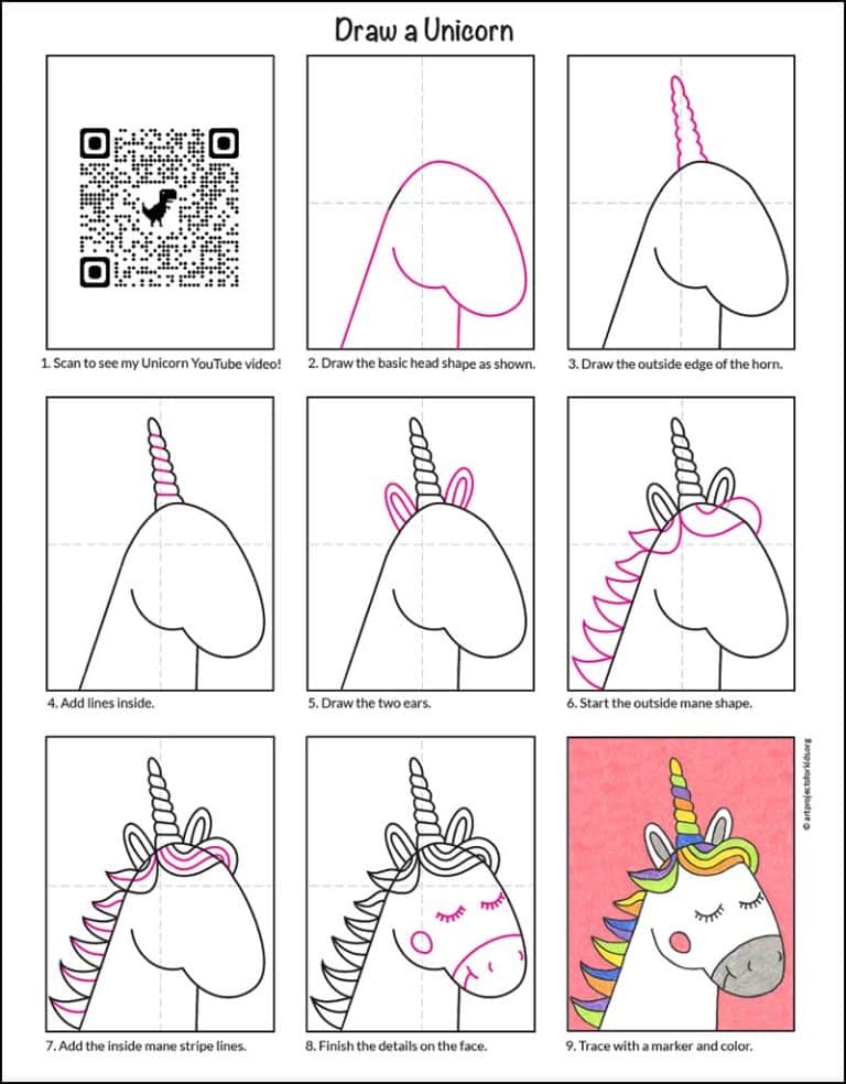 How to Draw an Easy Unicorn Head Tutorial Video, Coloring Page