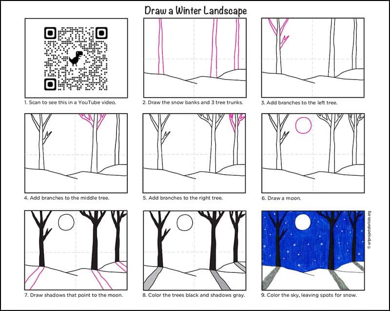 A step by step tutorial for how to draw an easy Winter Landscape, also available as a free download.