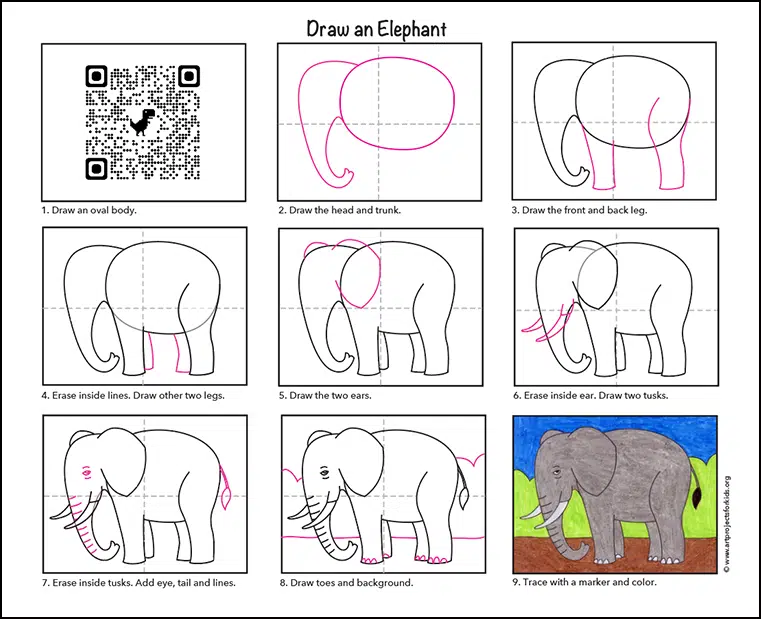 A step by step tutorial for how to draw an easy elephant, also available as a free download.