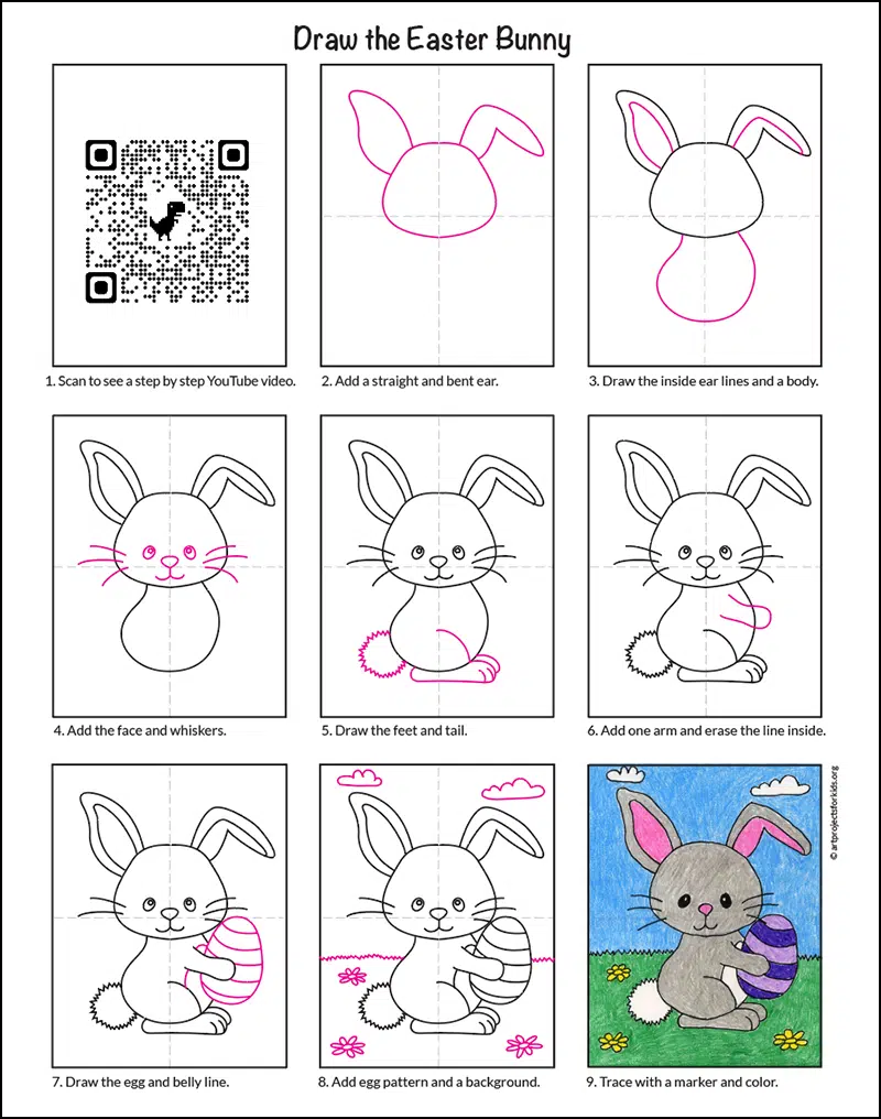 A step by step tutorial for how to draw an easy Easter Bunny, also available as a free download.