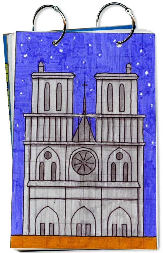 A drawing of Notre Dame, made with the help of an easy step by step tutorial.