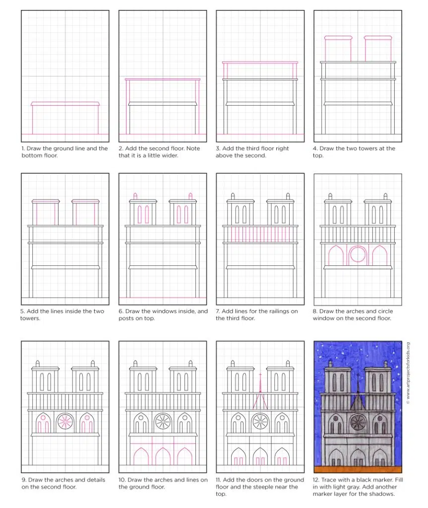 A step by step tutorial for how to draw an easy Notre Dame Cathedral, also available as a free download.
