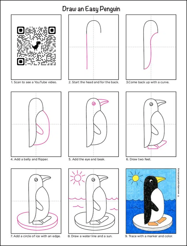 Easy How to Draw a Penguin Tutorial Video and Coloring Page