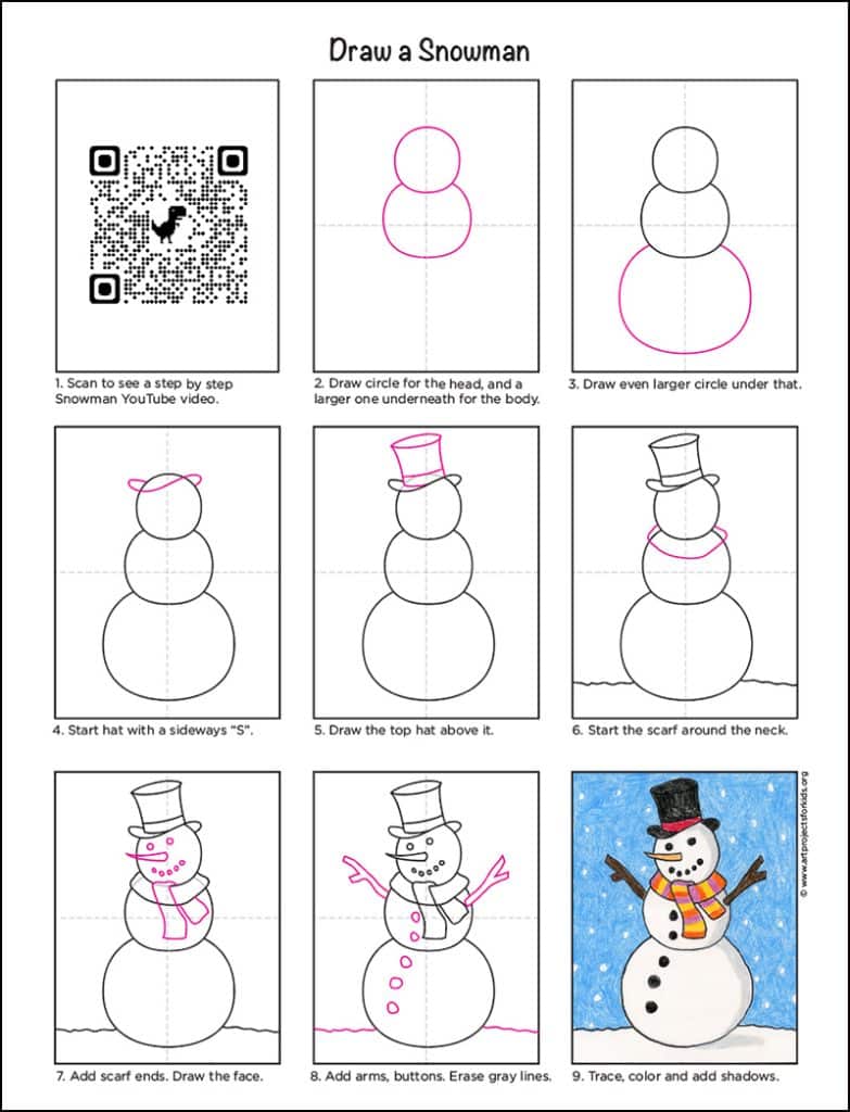A step by step tutorial for how to draw an easy Snowman, also available as a free download.