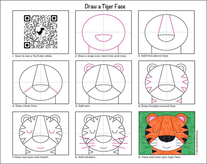 A step by step tutorial for how to draw an easy Tiger Face, also available as a free download.