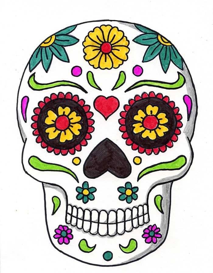 Day Of The Dead Skull Drawing For Kids And Coloring Page