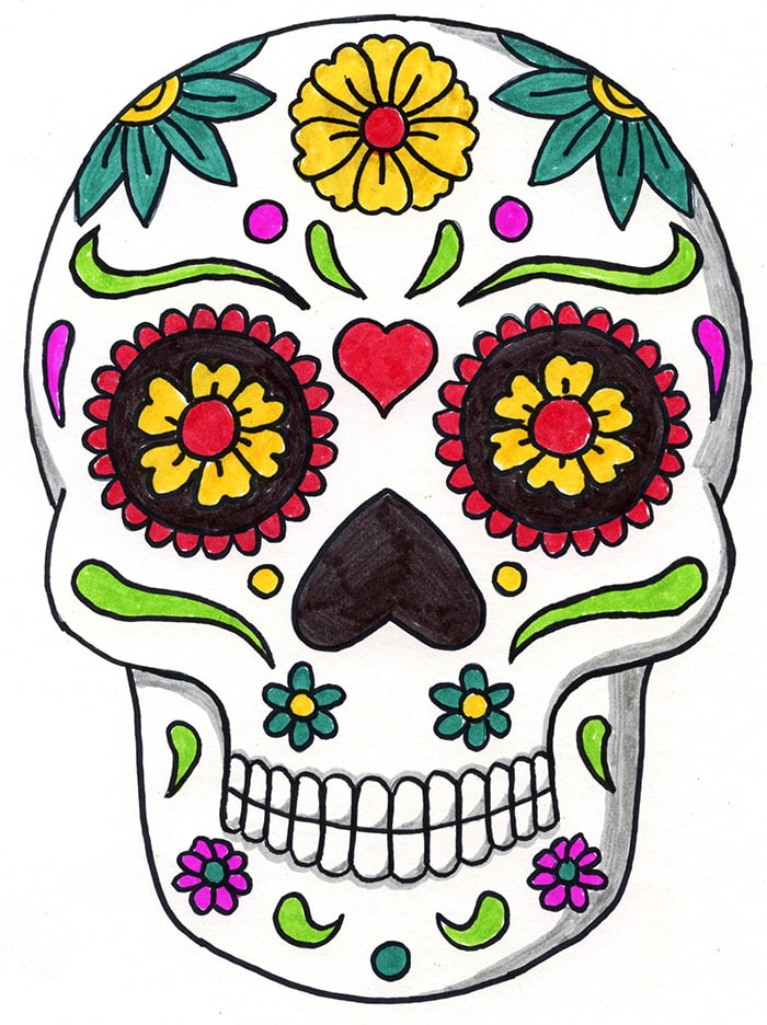 Day of the Dead Skull Drawing for Kids and Coloring Page